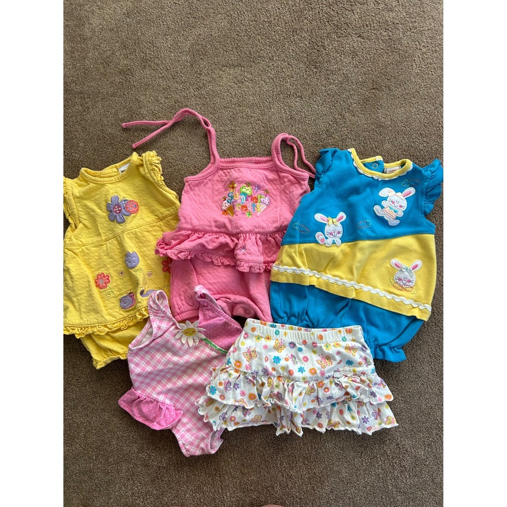 Vintage Baby Summer Lot 6-9 Months Okie Dokie Rompers Skirt Baby Buns Swimsuit